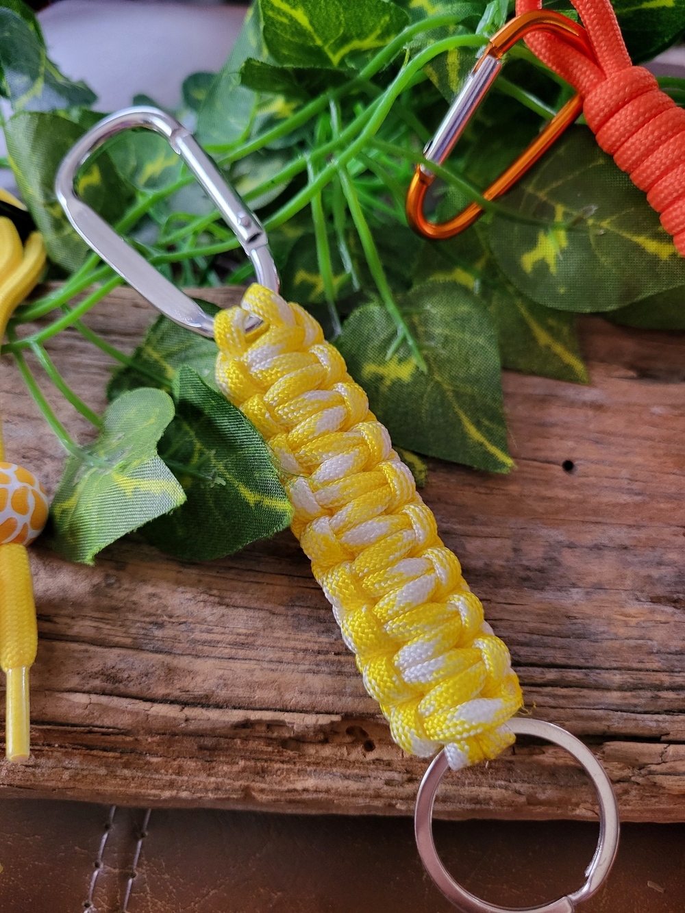 Yellow and White Paracord Keychain with Carabiner